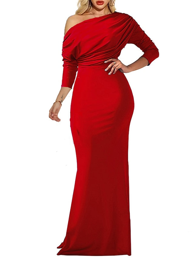 Womenâ€˜s Formal Party Dress Sheath Dress Long Dress Maxi Dress Black Blue Red Long Sleeve Pure Color Ruched Fall Spring One Shoulder Winter Dress 2023 S M L XL XXL - LuckyFash™