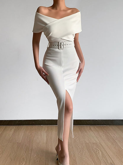 Womenâ€˜s Formal Party Dress Wedding Guest Dress Bodycon Sheath Dress Midi Dress Black White Pink Short Sleeve Pure Color Backless Spring Summer Autumn Off Shoulder Stylish Slim 2023 S M L XL XXL 3XL - LuckyFash™