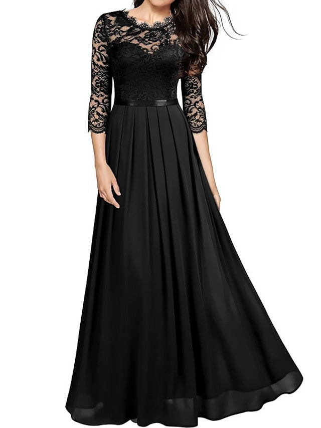 Womenâ€˜s Formal Party Dress Lace Dress Long Dress Maxi Dress Green Wine Navy Blue Black 3/4 Length Sleeve Pure Color Lace Ruched Winter Fall Crew Neck Elegant Formal Romantic 2023 S M L XL XXL - LuckyFash™