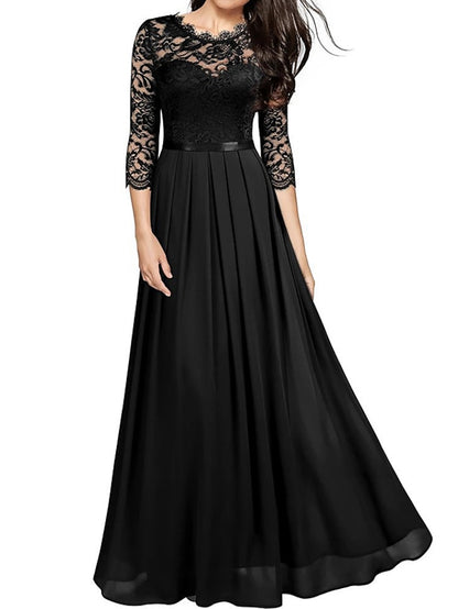 Womenâ€˜s Formal Party Dress Lace Dress Long Dress Maxi Dress Green Wine Navy Blue Black 3/4 Length Sleeve Pure Color Lace Ruched Winter Fall Crew Neck Elegant Formal Romantic 2023 S M L XL XXL - LuckyFash™