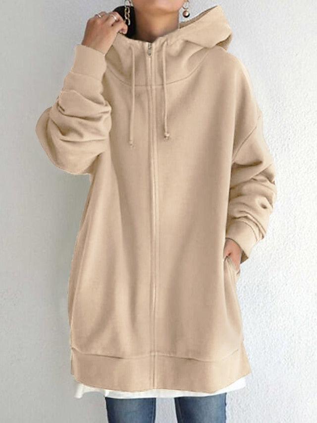 Women's Hoodie Sweatshirt Zip Hoodie Sweatshirt Streetwear Long Zipper Pocket Black Gray Army Green Solid Color Loose Fit Casual Hooded Long Sleeve S M L XL XXL - LuckyFash™