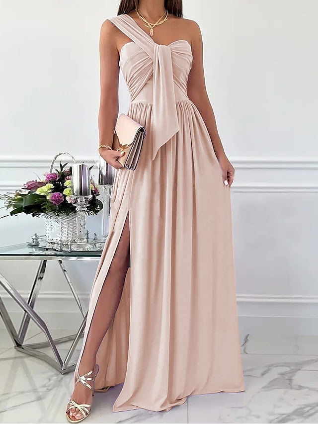 Formal Party Dress Wedding Guest Dress Long Dress Maxi Dress Light Pink Black Red Sleeveless Pure Color Ruched Spring Summer Halter  S M L XL XXL for Women - LuckyFash™