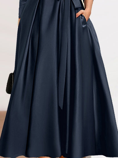 Womenâ€˜s Formal Party Dress Wedding Guest Dress Swing Dress Maxi Dress Navy Blue Long Sleeve Pure Color With Belt Winter Spring Shirt Collar Modern Winter Dress Fall Dress 2023 S M L XL 2XL 3XL - LuckyFash™