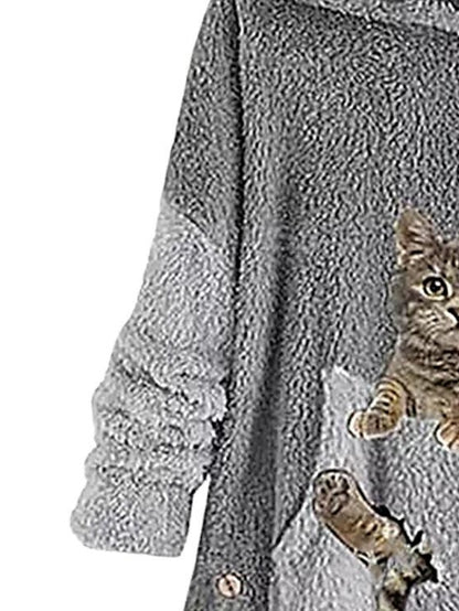 Fleece Hoodie Green Pink Grey Hooded Cat 3D Front Pocket Print Casual Streetwear 3D Print Fleece Active Fuzzy Clothing Apparel Hoodies Sweatshirts  / Fleece lined for Women - LuckyFash™