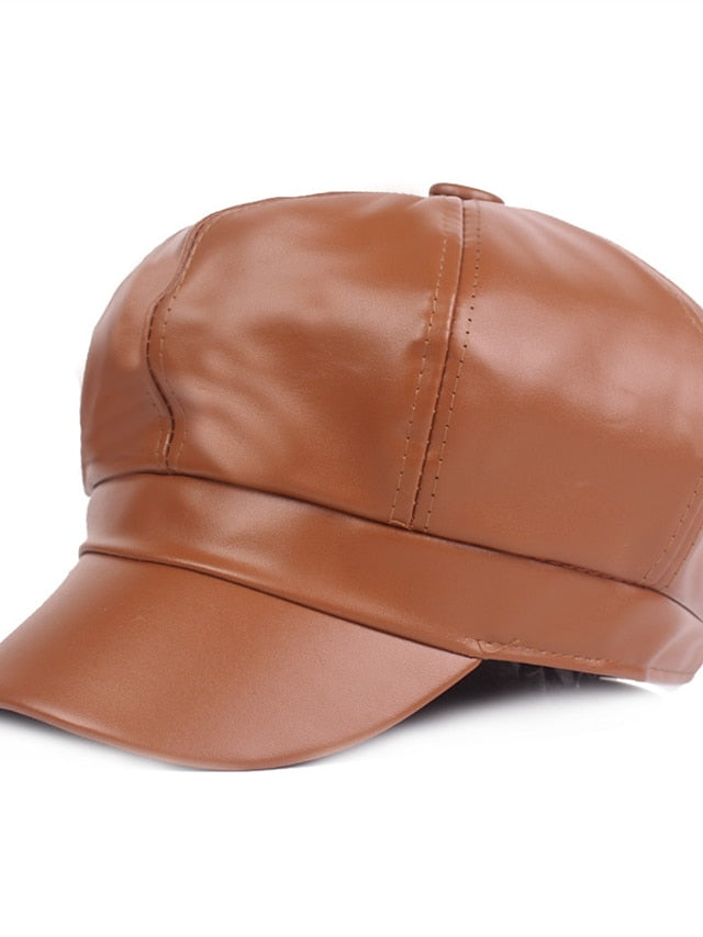 PU Beret Women's Spring Autumn Winter Black Newsboy British Vintage Street Painter's Hat Wine Red Hat Simple Style Berets Octagonal Hat - LuckyFash™
