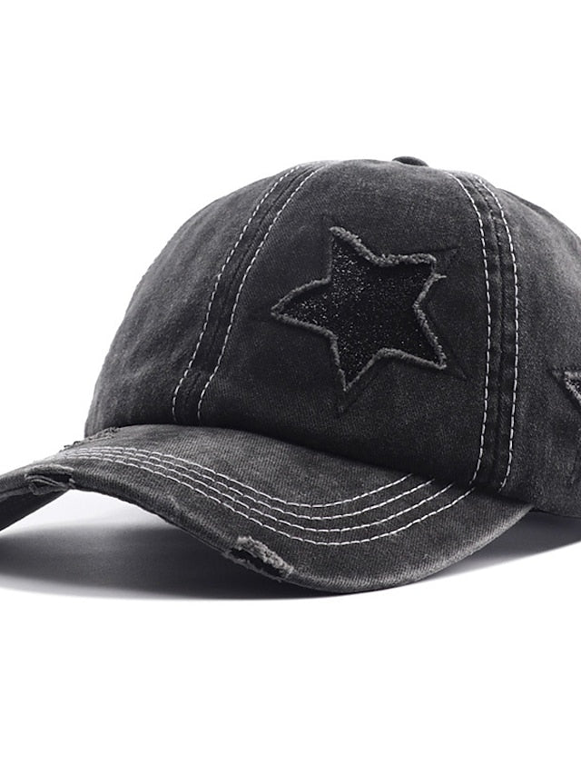 Men Washed Cotton Baseball Cap Glitter Star Embroidery Vintage Distressed Messy High Bun Ponytail Hole Trucker Hat Womens Adjustable Sun Hat - LuckyFash™