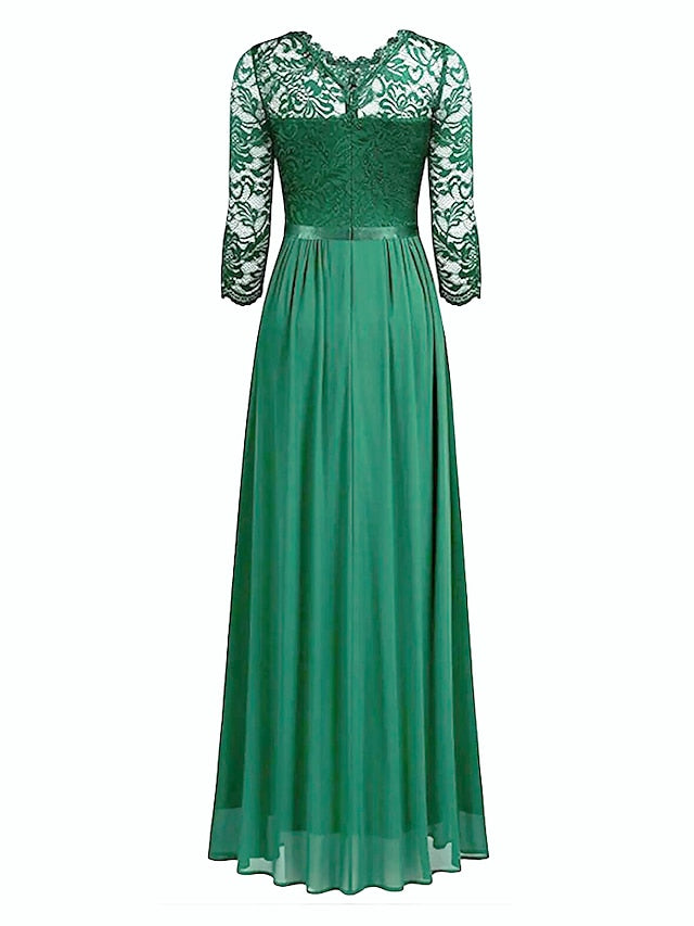 Womenâ€˜s Formal Party Dress Lace Dress Long Dress Maxi Dress Green Wine Navy Blue Black 3/4 Length Sleeve Pure Color Lace Ruched Winter Fall Crew Neck Elegant Formal Romantic 2023 S M L XL XXL - LuckyFash™
