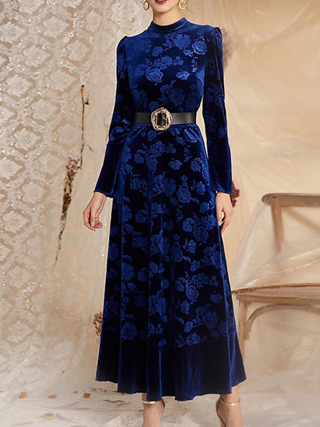 Womenâ€˜s Formal Party Dress Wedding Guest Dress Velvet Dress Red Long Dress Maxi Dress Wine Dark Blue Long Sleeve Floral Velvet Print Winter Fall Stand Collar Fashion Elegant Fall Dress 2023 S M L XL - LuckyFash™