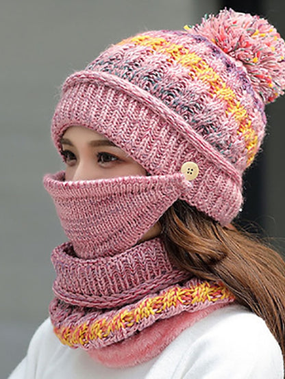 women girls knitted hat scarf mask set winter fleece lined beanie knit ear flaps hat with pompom (pink) - LuckyFash™