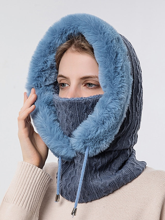 High Quality Winter Fur Cap Mask Set Hooded for Women Knitted Cashmere Neck Warm Outdoor Ski Windproof Hat Thick Plush Fluffy Beanies - LuckyFash™