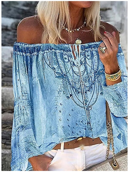 Women's Going Out Tops Tube Top Concert Tops Blue Beige Graphic Floral Long Sleeve Ethnic Boho Off Shoulder Regular S - LuckyFash™