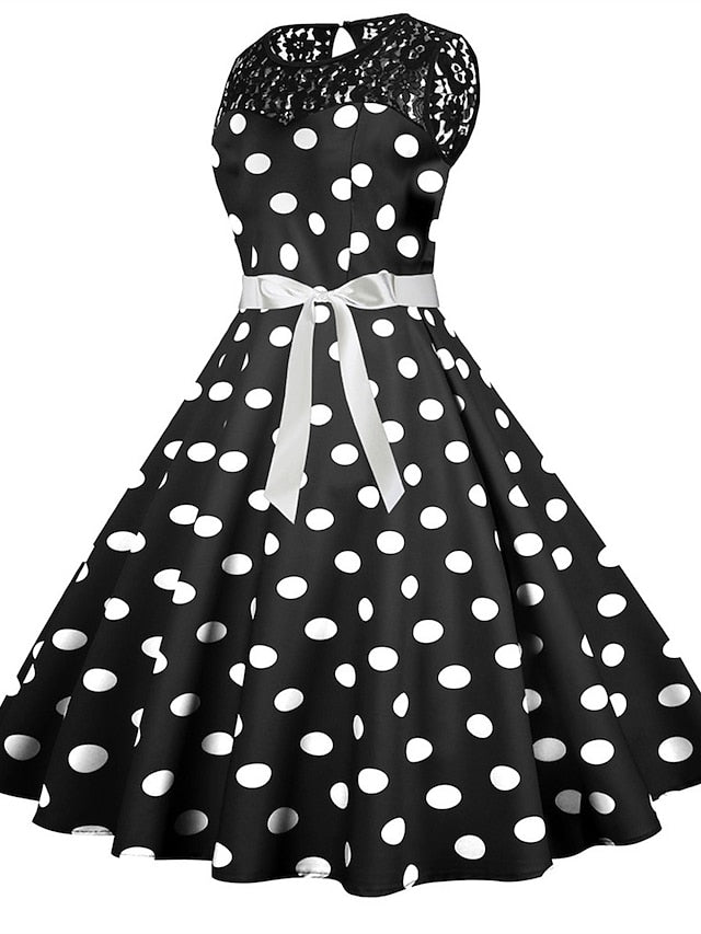 Women's Elegant Retro Vintage Dress Midi Dress Outdoor Holiday Lace Polka Dot Crew Neck Sleeveless Regular Fit Summer Spring 2023 Black White S M L XL - LuckyFash™