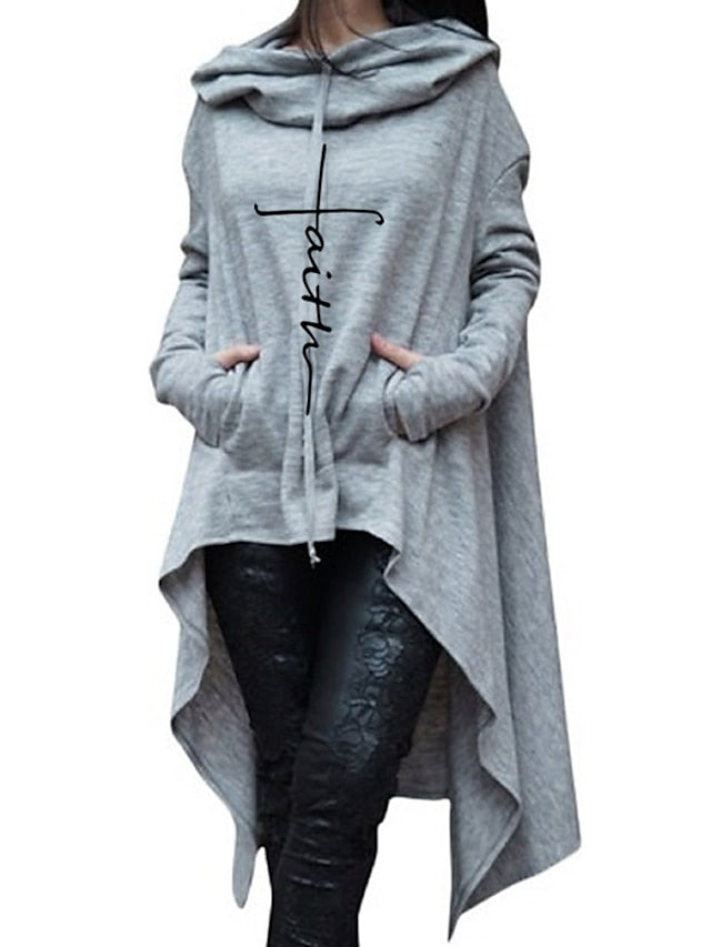 women's faith hoodie sweatshirt irregular hem midi long hooded pullover casual loose sweater tracksuit black - LuckyFash™