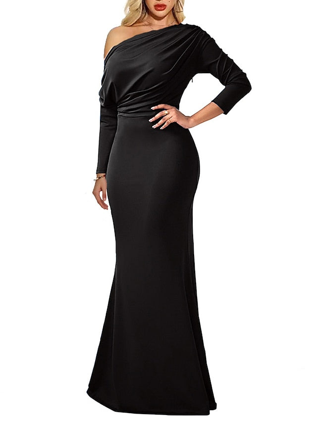 Womenâ€˜s Formal Party Dress Sheath Dress Long Dress Maxi Dress Black Blue Red Long Sleeve Pure Color Ruched Fall Spring One Shoulder Winter Dress 2023 S M L XL XXL - LuckyFash™