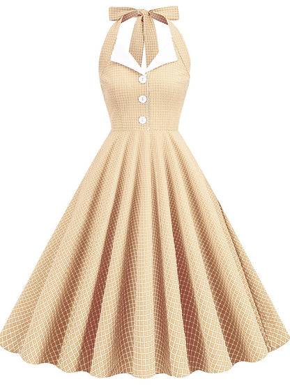 Women's Elegant Retro Vintage Dress Midi Dress Outdoor Daily Ruched Backless Plaid Halter Sleeveless Slim Summer Spring 2023 Lake blue Almond S M L XL - LuckyFash™