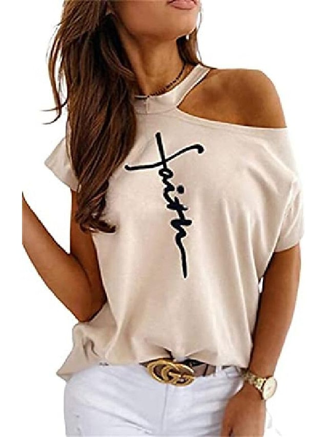 fronage womens short sleeve faith shirts cold shoulder tops casual summer graphic t-shirt (medium, beige) - LuckyFash™