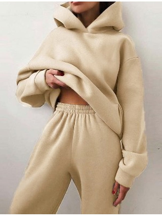 Hoodie 2 Piece Solid / Plain Color Sports Regular Winter Creamy-white ArmyGreen Big red Purple Pink for Women - LuckyFash™