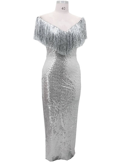 Women's Fringe Dress Sequin Dress Shift Dress Long Dress Maxi Dress Silver Short Sleeve Pure Color Sequins Winter Fall Autumn V Neck Party S M L XL - LuckyFash™