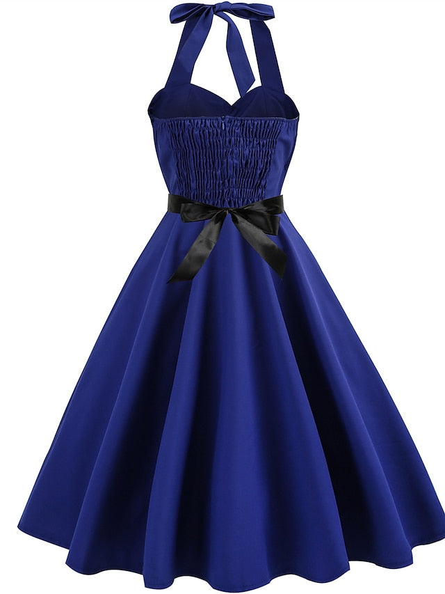 Women's Elegant Retro Vintage Tea Dresses Midi Dress Outdoor Daily Ruched Backless Plain Halter Sleeveless Regular Fit Summer Spring 2023 Black Blue S M L XL - LuckyFash™