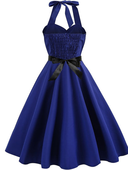 Women's Elegant Retro Vintage Tea Dresses Midi Dress Outdoor Daily Ruched Backless Plain Halter Sleeveless Regular Fit Summer Spring 2023 Black Blue S M L XL - LuckyFash™