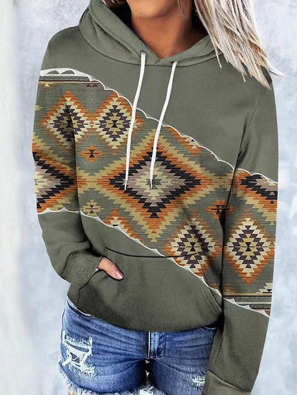 Hoodie Sweatshirt Pullover Ethnic Front Pocket dark brown Gray Green Sea Blue Geometric Street Hoodie Long Sleeve for Women - LuckyFash™