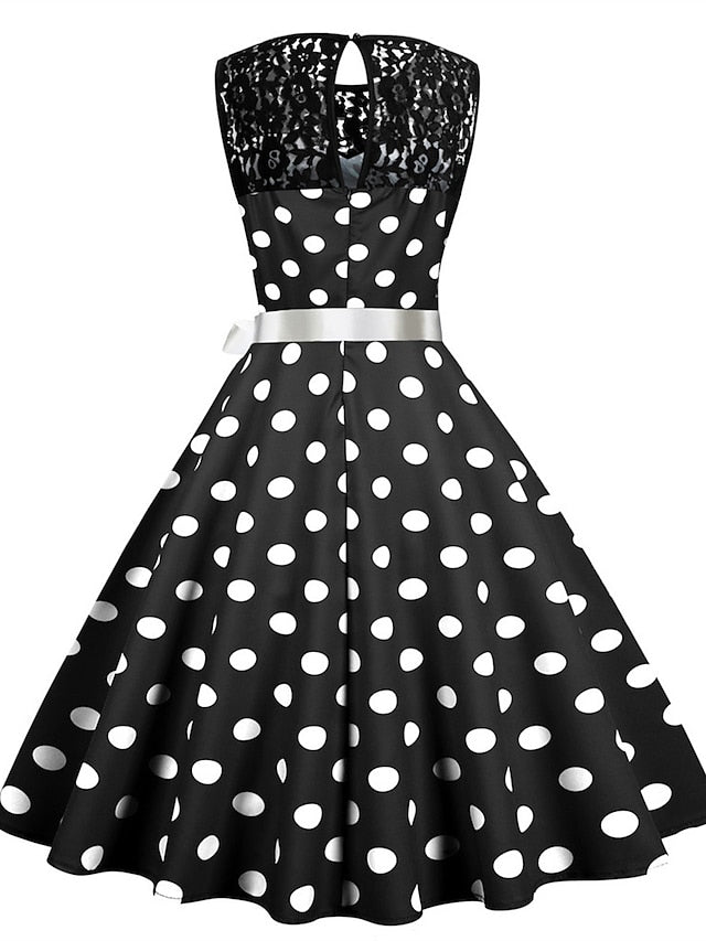 Women's Elegant Retro Vintage Dress Midi Dress Outdoor Holiday Lace Polka Dot Crew Neck Sleeveless Regular Fit Summer Spring 2023 Black White S M L XL - LuckyFash™