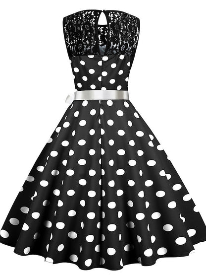 Women's Elegant Retro Vintage Dress Midi Dress Outdoor Holiday Lace Polka Dot Crew Neck Sleeveless Regular Fit Summer Spring 2023 Black White S M L XL - LuckyFash™
