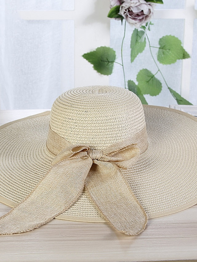 Women's Hat Straw Hat White Khaki Beige Lawn Festival Braided Bow Print Portable Windproof Breathable - LuckyFash™