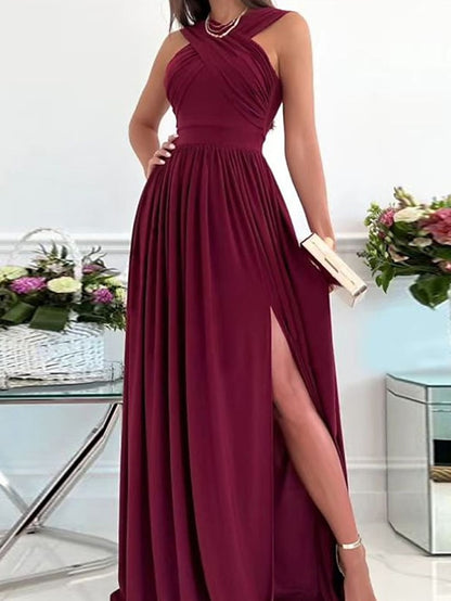 Formal Party Dress Wedding Guest Dress Long Dress Maxi Dress Light Pink Black Red Sleeveless Pure Color Ruched Spring Summer Halter  S M L XL XXL for Women - LuckyFash™