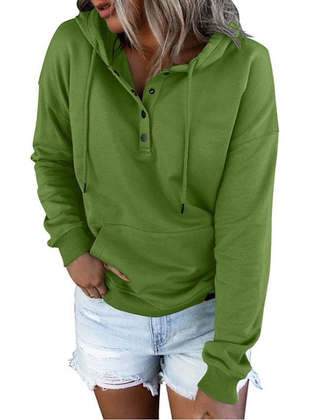 Hoodie Button Pocket Solid Colored Basic Hooded Standard Winter Wine Red Green Black Blue Pink for Women - LuckyFash™