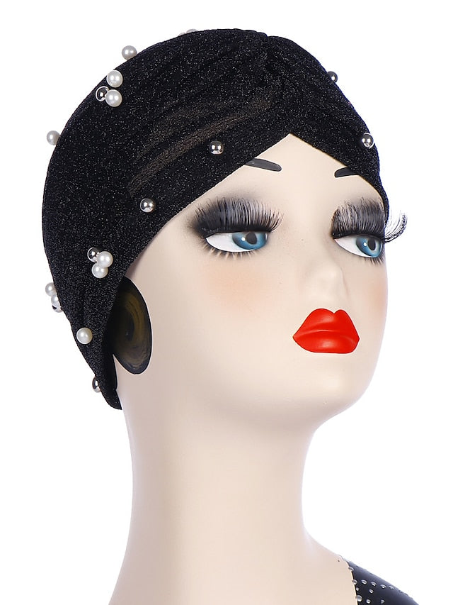 Fashion Women Turban Gold Shiny Hat for Lady Pearl Beading Bright Hat Indian Style Muslim Thin Head Wraps - LuckyFash™
