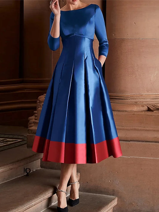 Women's Elegant Retro Swing Dress Midi Dress Party Evening Party Ruched Pocket Color Block Boat Neck 3/4 Length Sleeve Regular Fit Winter Fall 2023 Dark Blue S M L XL - LuckyFash™