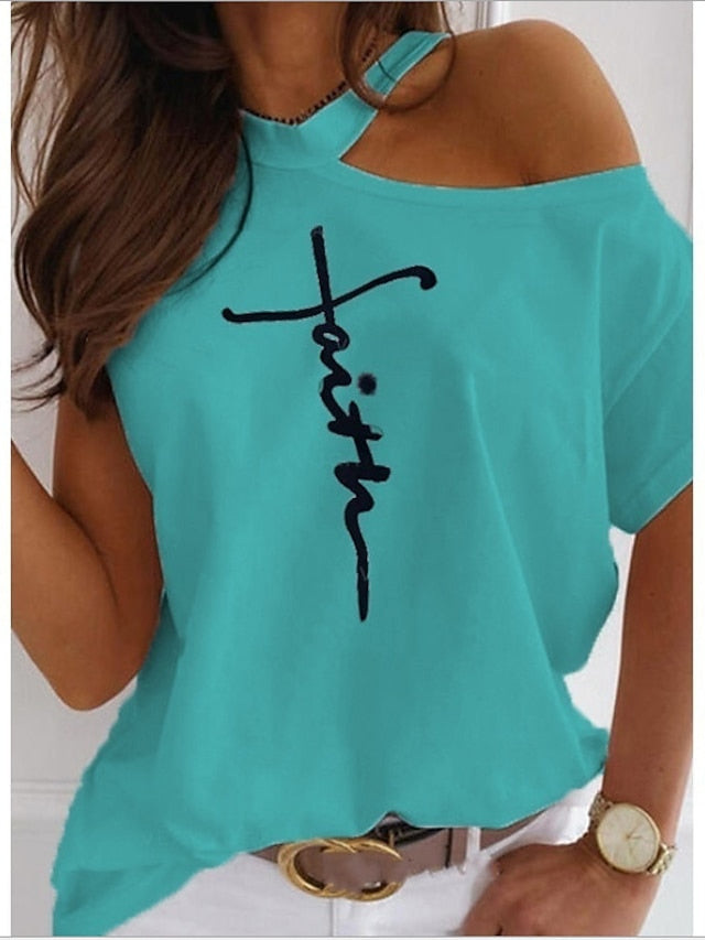 fronage womens short sleeve faith shirts cold shoulder tops casual summer graphic t-shirt (medium, beige) - LuckyFash™