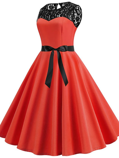 Women's Lace Dress Vintage Dress Swing Dress Midi Dress Light Blue Wine Red Black Sleeveless Print Lace up Summer Spring Fall Crew Neck 1950s Party Spring Dress 2023 S M L XL XXL - LuckyFash™