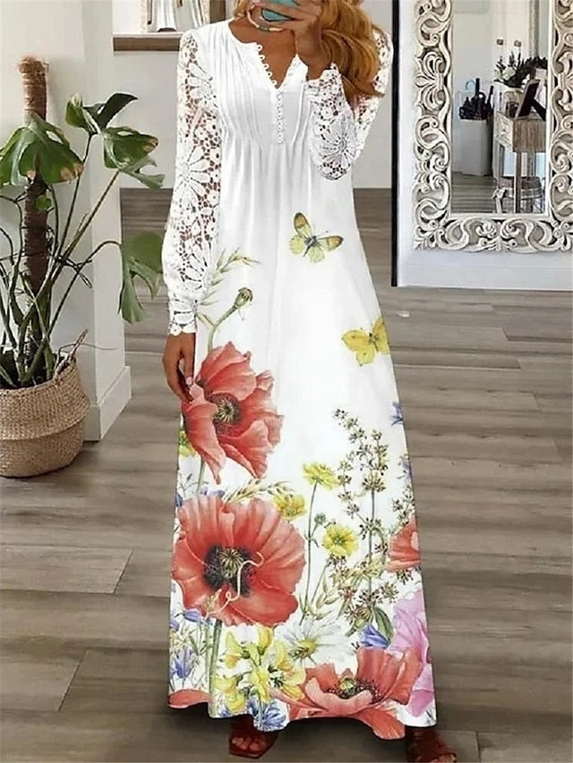 Floral Lace Pleated Dresses Eyelet Long Dress Maxi Dress A Line Dress Print Dress Fashion Casual Outdoor Daily Button Long Sleeve V Neck Regular Fit White Pink Red Spring Summer S M L XL for Women - LuckyFash™
