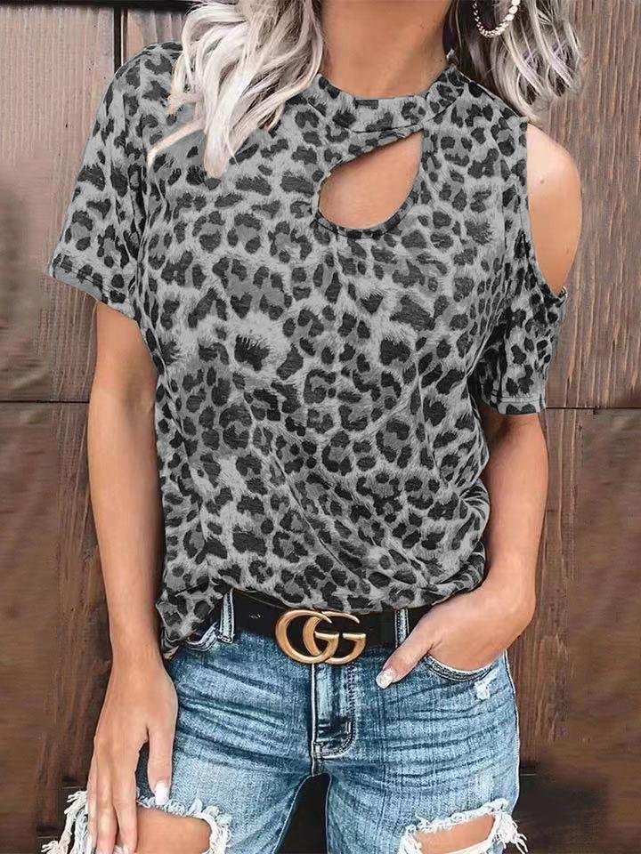 Off-Shoulder Leopard Print Hollow Short Sleeve T-Shirt - LuckyFash™