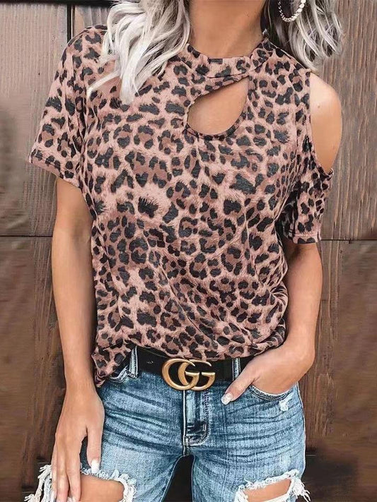 Off-Shoulder Leopard Print Hollow Short Sleeve T-Shirt - LuckyFash™