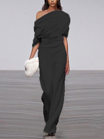 Off Shoulder Solid Long Straight Pants Jumpsuit - LuckyFash™