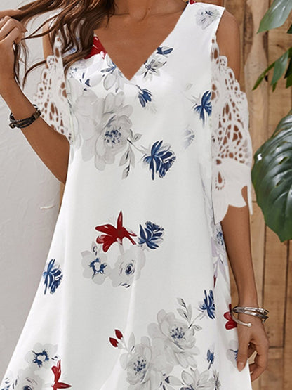 Off The Shoulder Short Sleeve V-Neck Floral Print Dress - LuckyFash™