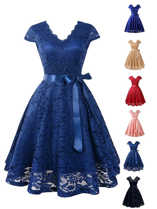 Women's Elegant Retro Vintage Tea Dresses Mini Dress Party Outdoor Lace Ruched Plain V Neck Short Sleeve Regular Fit Summer Spring 2023 Black Almond S M L XL - LuckyFash™