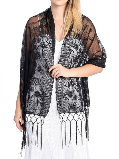 Women's Women's Shawls & Wraps Party Wedding Indoor Light Blue Black White Scarf Embroidered Flower - LuckyFash™