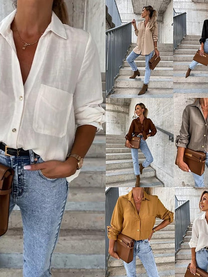 Explosive Style Autumn Basic Solid Color Roll-Sleeve V-neck Button Lapel Shirt Women for Women - LuckyFash™