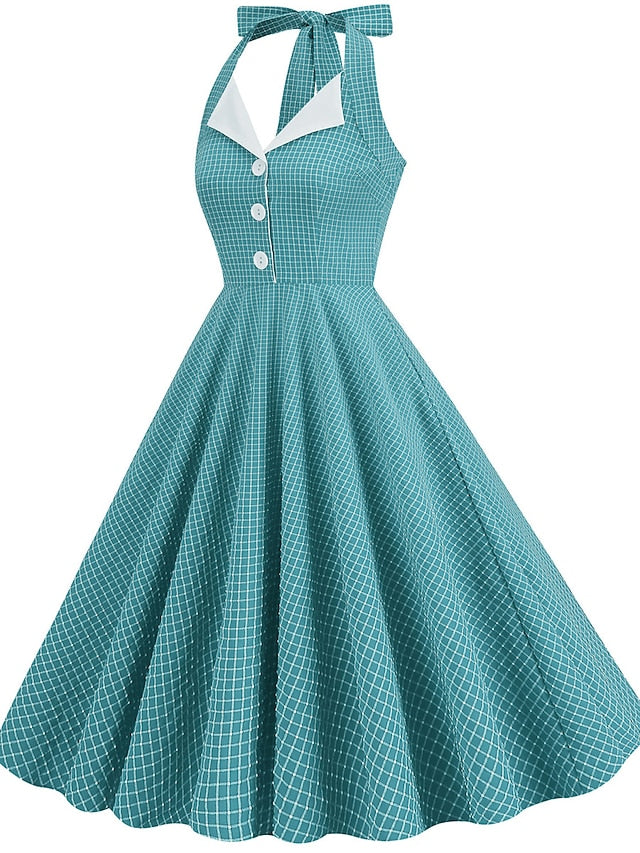 Women's Elegant Retro Vintage Dress Midi Dress Outdoor Daily Ruched Backless Plaid Halter Sleeveless Slim Summer Spring 2023 Lake blue Almond S M L XL - LuckyFash™