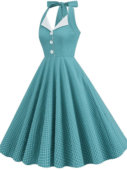 Women's Elegant Retro Vintage Dress Midi Dress Outdoor Daily Ruched Backless Plaid Halter Sleeveless Slim Summer Spring 2023 Lake blue Almond S M L XL - LuckyFash™