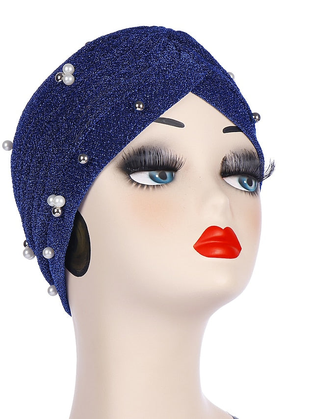 Fashion Women Turban Gold Shiny Hat for Lady Pearl Beading Bright Hat Indian Style Muslim Thin Head Wraps - LuckyFash™