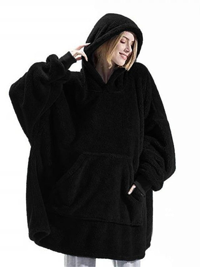 Hoodie Sweatshirt Pullover Sherpa Fleece Teddy Front Pocket Black Navy Blue Green Solid Color Loose Fit Party Hoodie Long Sleeve Fleece for Women - LuckyFash™