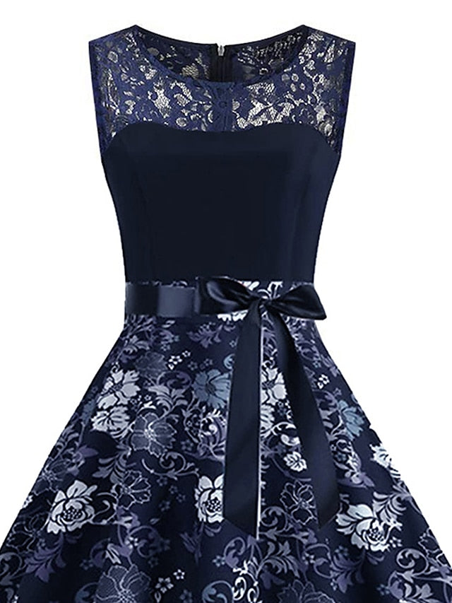 Women's Elegant Retro Vintage Tea Dresses Swing Dress Midi Dress Party Birthday Lace Bow Floral Crew Neck Sleeveless Regular Fit Spring Summer 2023 Dark Blue S M L XL - LuckyFash™