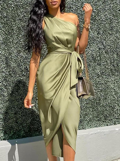 One Shoulder Ruched Slit Dress - LuckyFash™