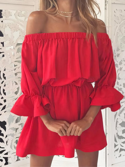 One shoulder Waisted Three-quarter Sleeve Dress - LuckyFash™