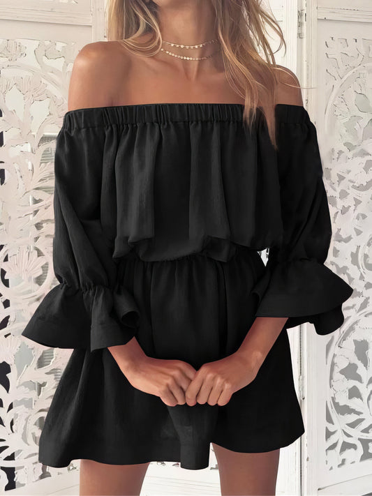 One shoulder Waisted Three-quarter Sleeve Dress - LuckyFash™